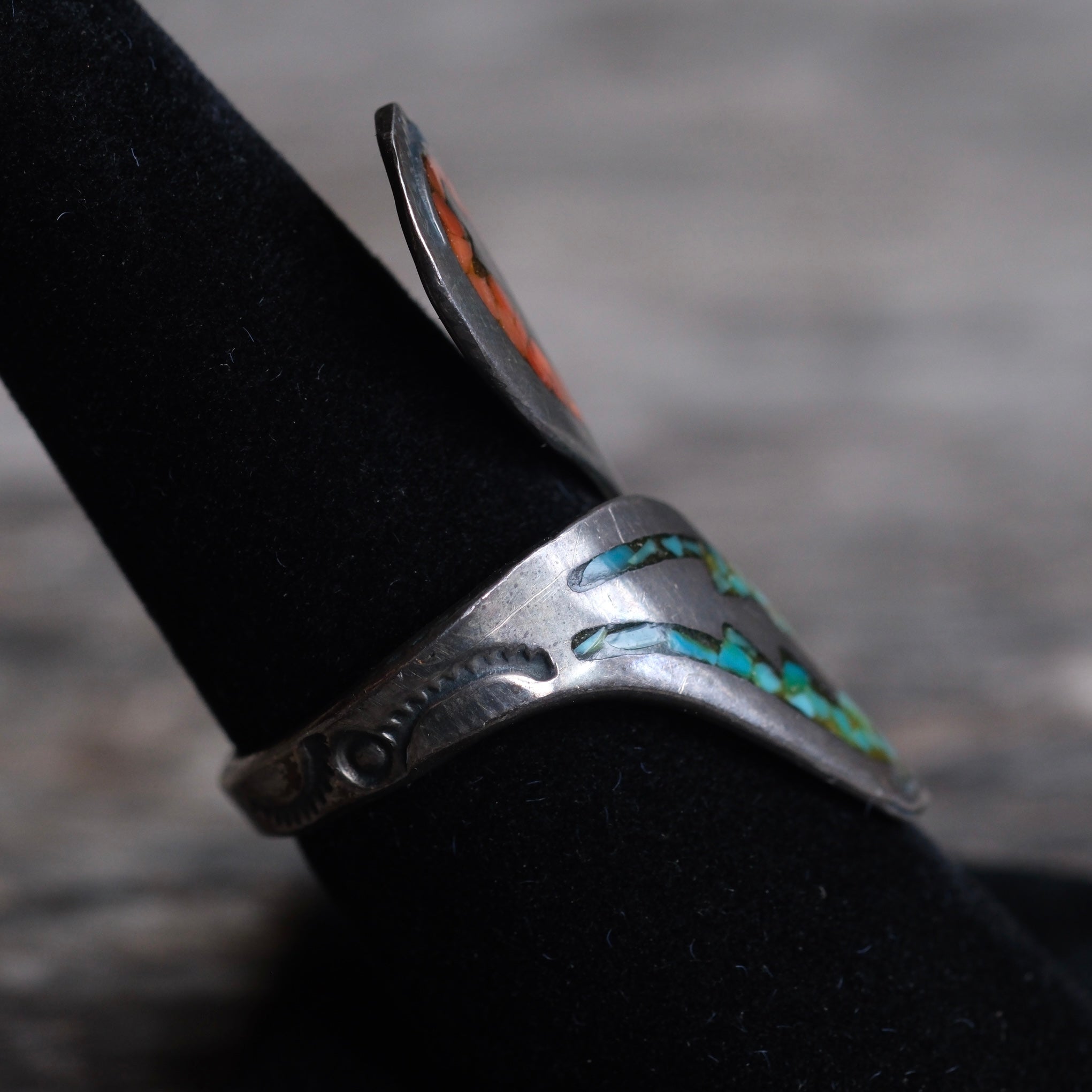 Vintage Sterling Turquoise and Coral Overpass Ring 8