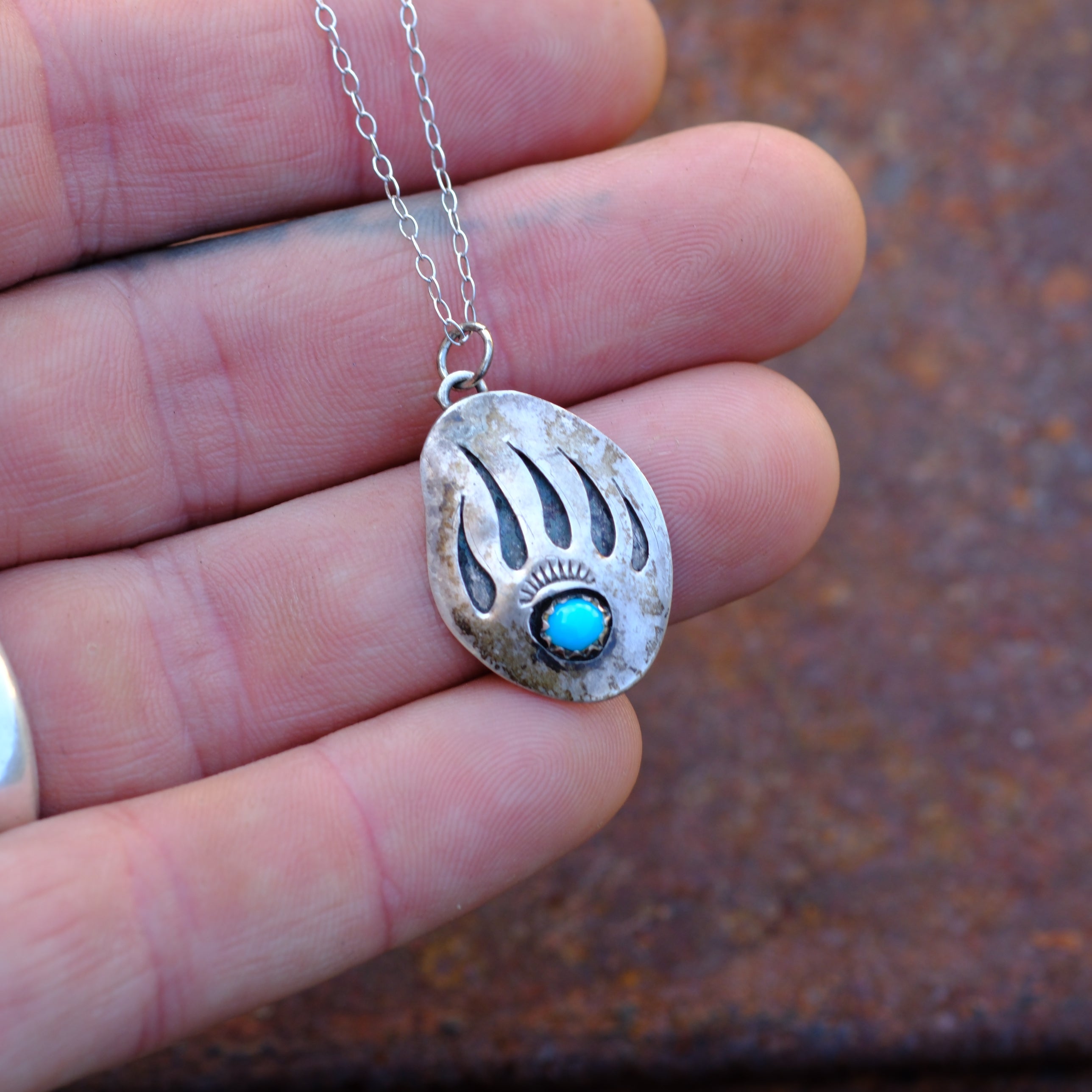 Vintage Sterling Turquoise Bear Paw Necklace
