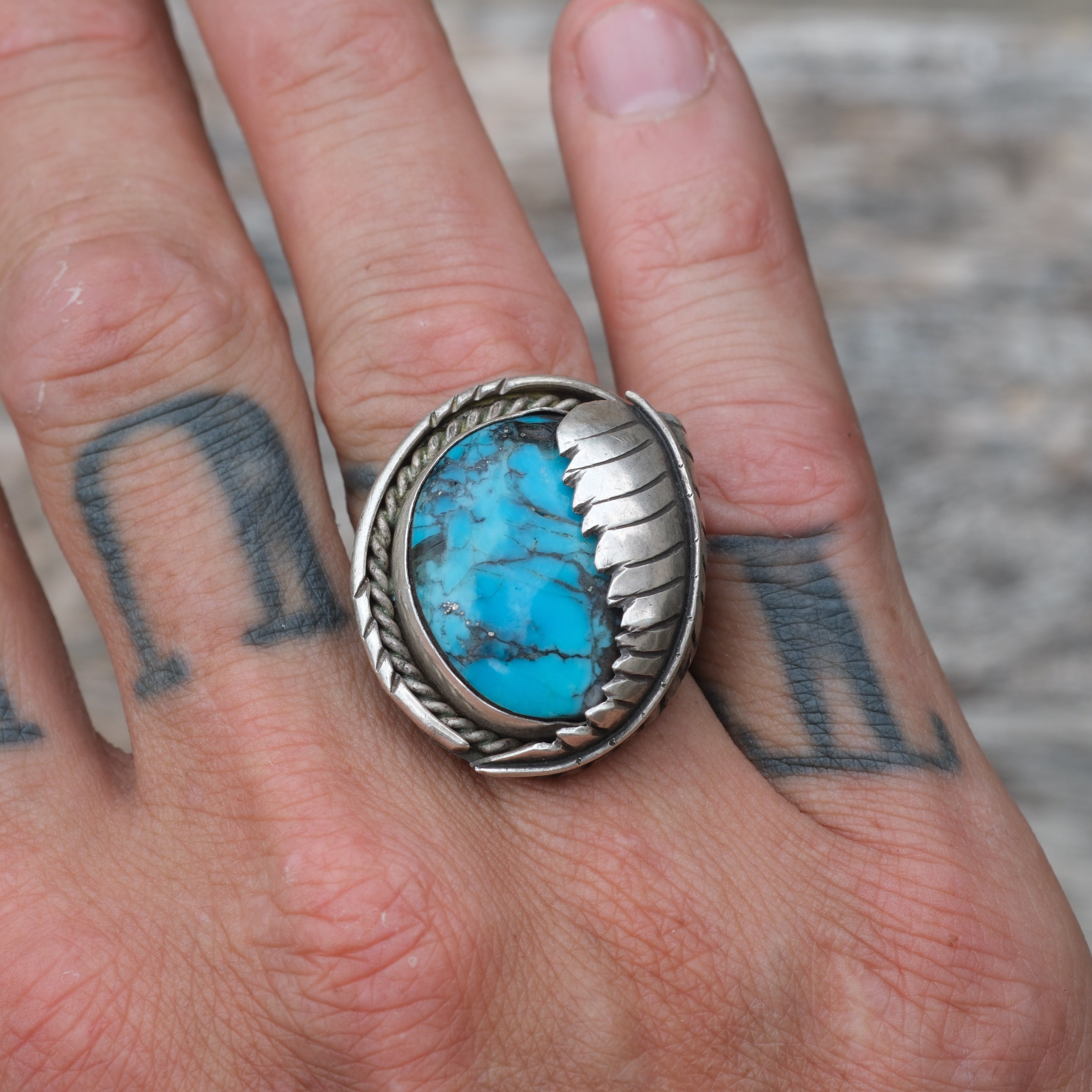 Vintage Sterling Turquoise Feather Ring 9.25