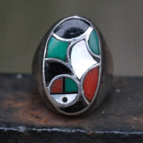 Vintage Sterling Zuni Inlay Sunface Ring 11.25