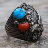 Vintage Sterling Turquoise and Coral Eagle Ring 11