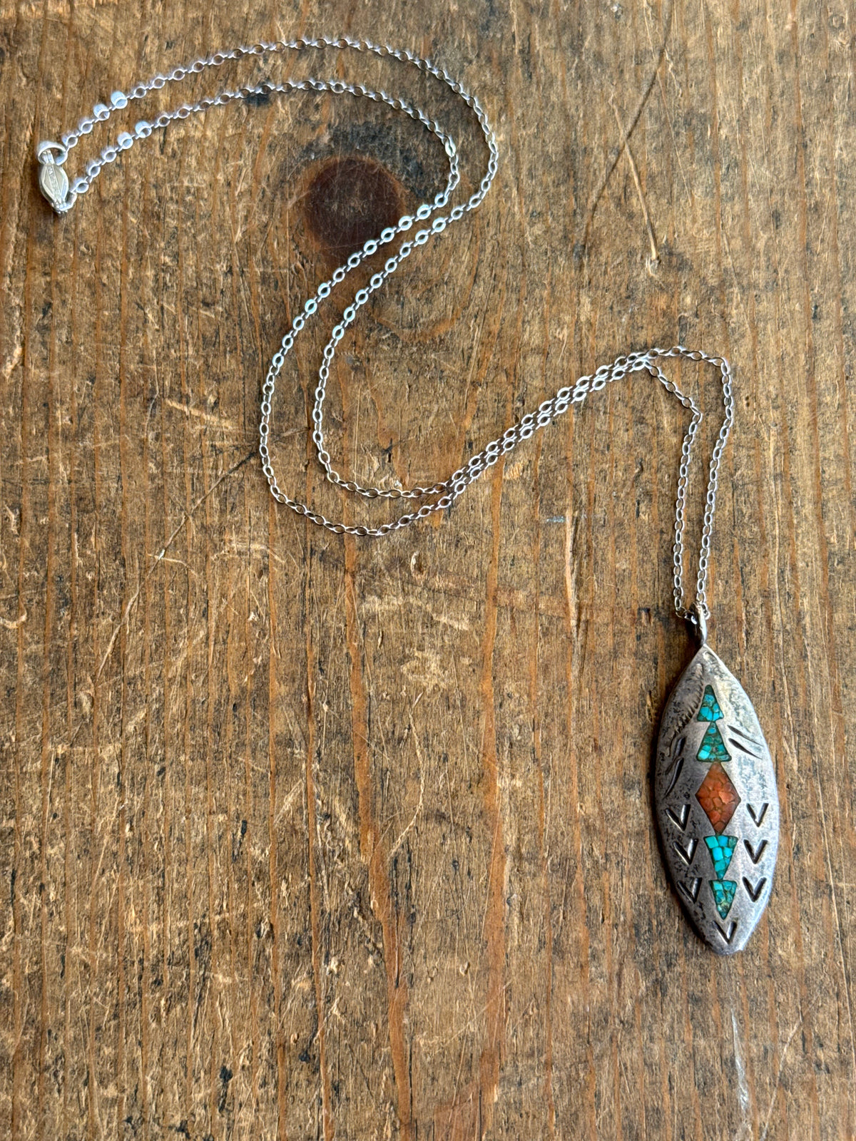 Vintage Sterling Silver Crushed Turquoise & Coral Inlay Shield Necklace