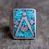 Vintage Sterling Crushed Turquoise Inlay Freemasons Ring 10.75