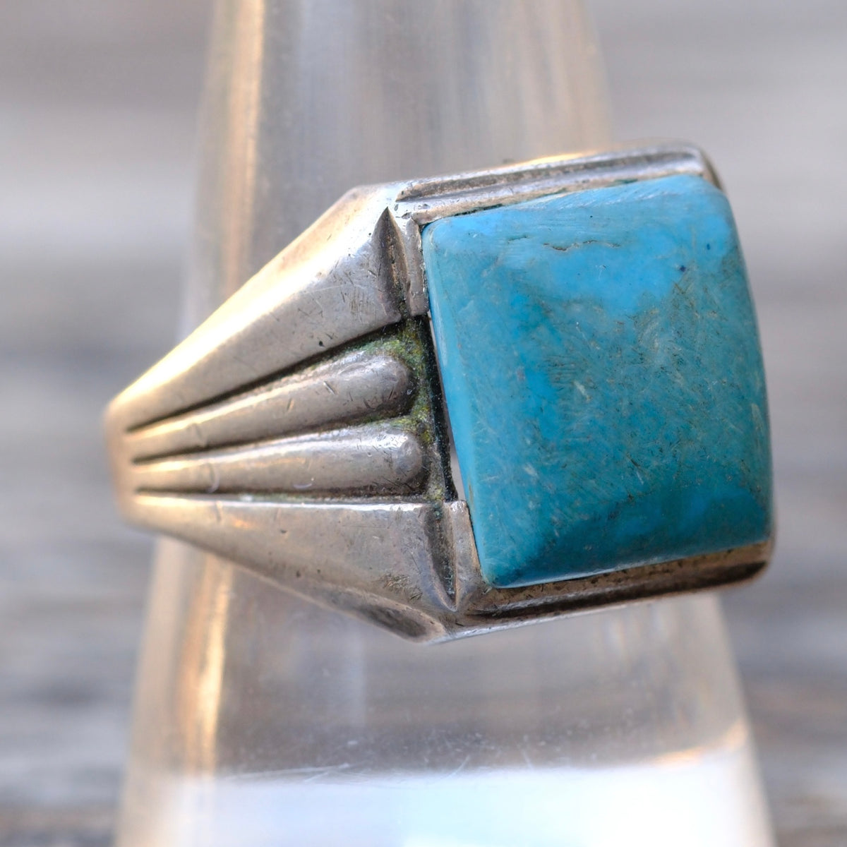 Vintage Sterling Turquoise Ribbed Band Ring 10