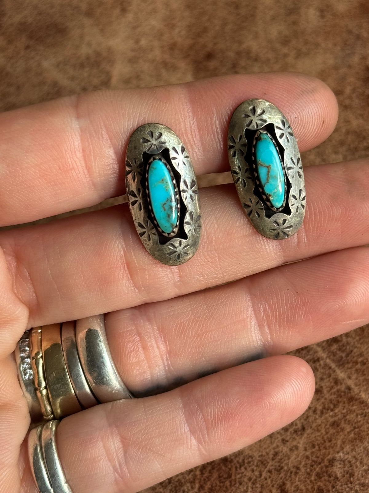 Vintage Sterling Silver Stamped Turquoise Shadowbox Cufflinks