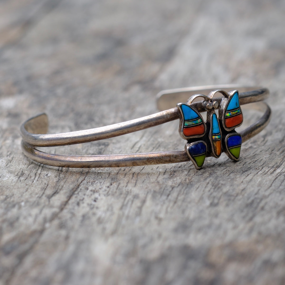 Vintage Sterling Multistone Inlay Butterfly Cuff Bracelet