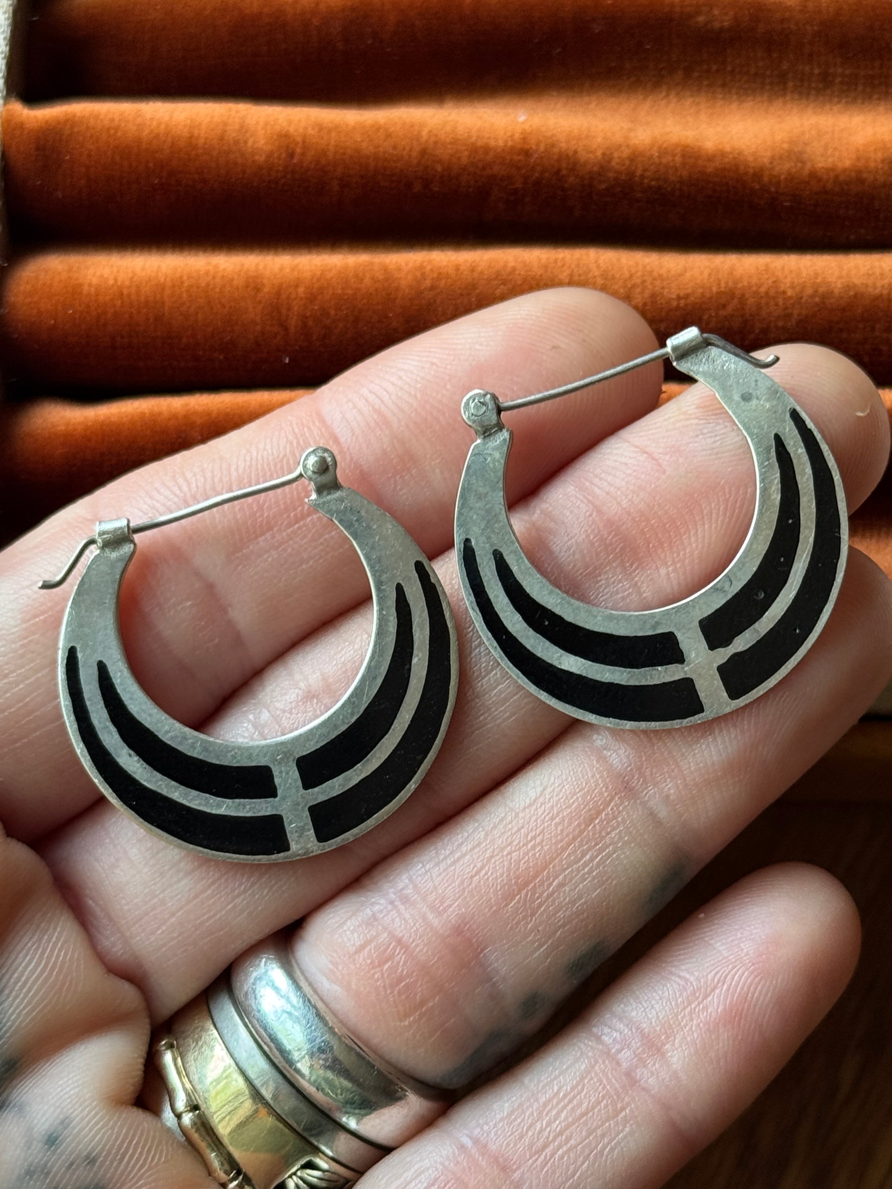 Vintage Sterling Silver Black Enamel Inlay Hoops