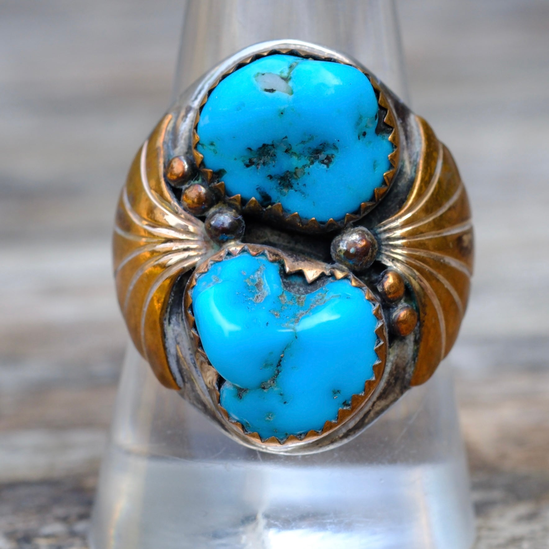 Vintage Sterling and Copper 2-Stone Turquoise Ring 10