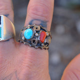 Vintage Sterling Turquoise and Coral Feather Ring 13