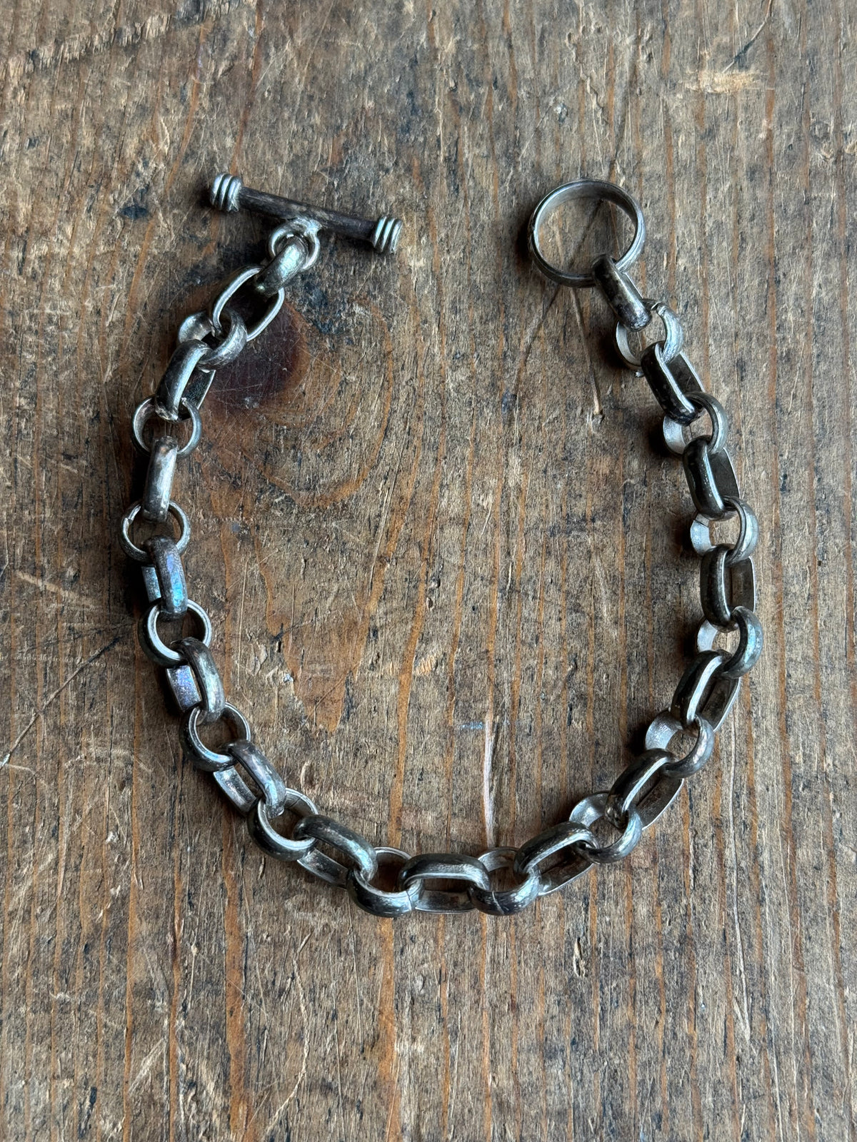 Vintage Sterling Silver Oval Circle Link Chain Toggle Bracelet