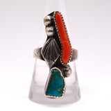 Vintage Sterling Turquoise and Coral Feather Ring 8.75
