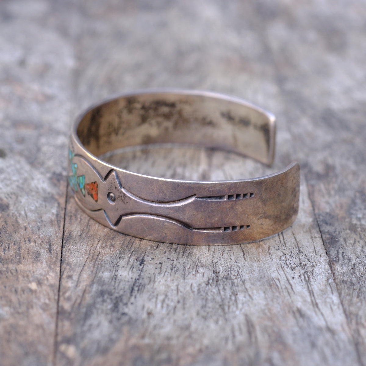 Vintage Sterling Turquoise and Coral Inlay Cuff Bracelet