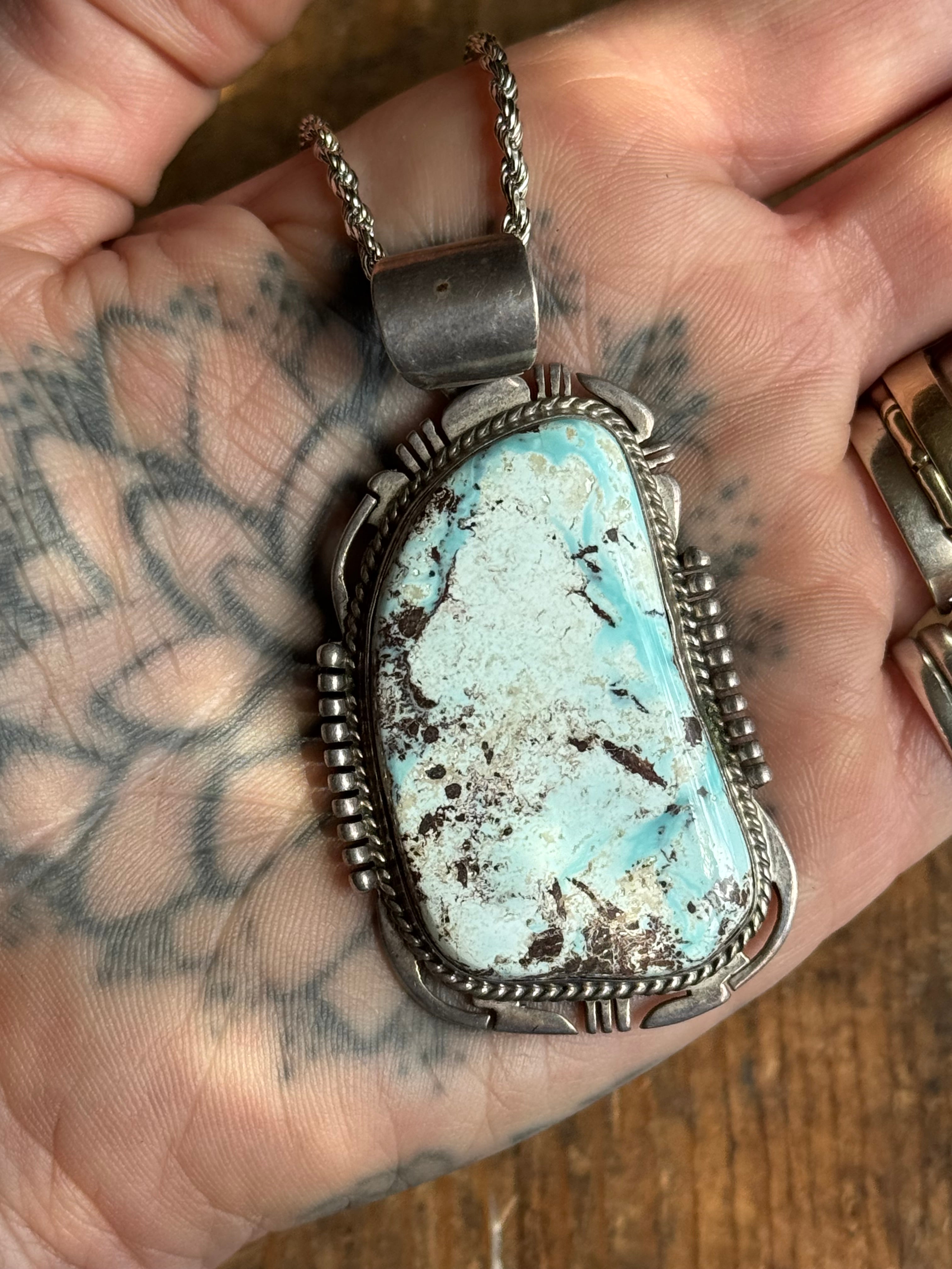 HUGE Vintage Sterling Silver Turquoise Sawcut 24" Necklace