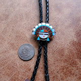 Vintage Sterling Multistone Inlay Zuni Headdress Bolo Tie