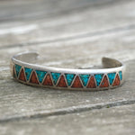 Vintage Sterling Turquoise and Coral Inlay Cuff
