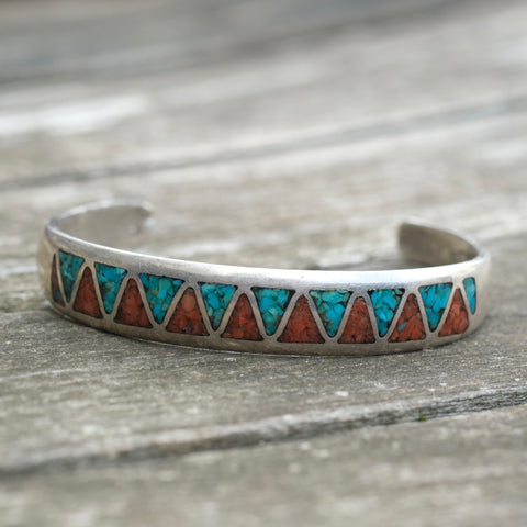 Vintage Sterling Turquoise and Coral Inlay Cuff