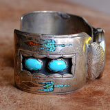 Vintage Sterling Turquoise and Coral Thunderbird Inlay Watch Cuff Bracelet