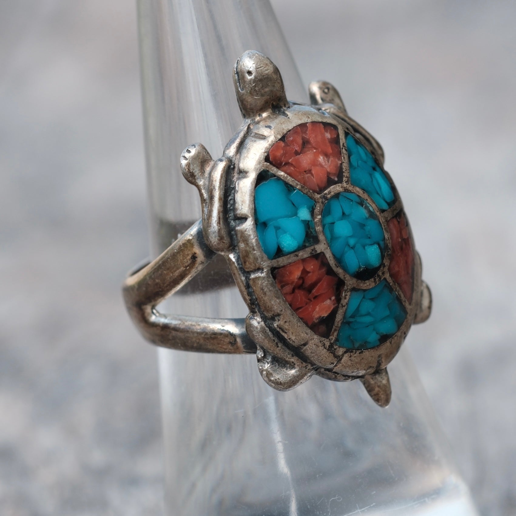Vintage Sterling Turquoise and Coral Turtle Ring 7.5