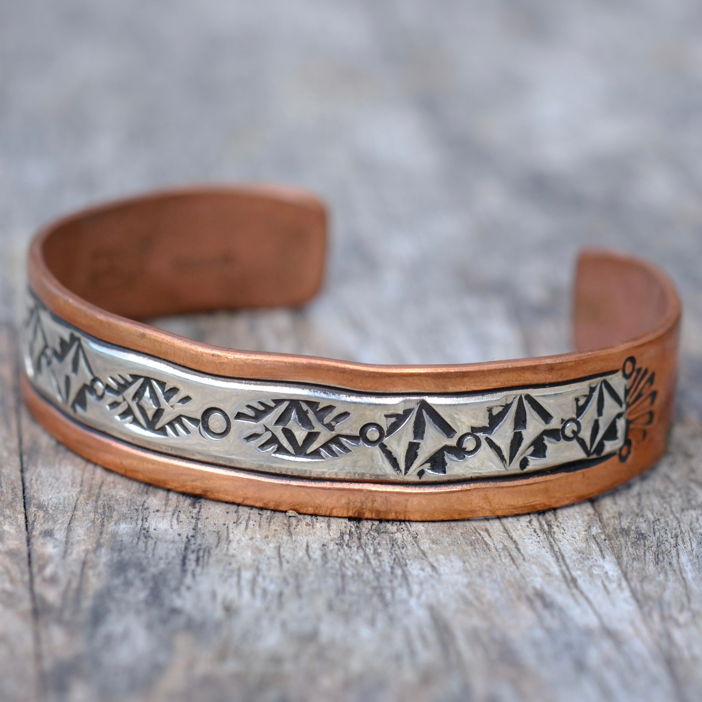 Vintage Sterling Copper and Sterling Silver Stamped Cuff Bracelet