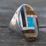 Vintage Sterling Multistone Inlay Ring 9.75