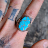 Vintage Sterling Turquoise Fish Scale Inlay Ring 12.75