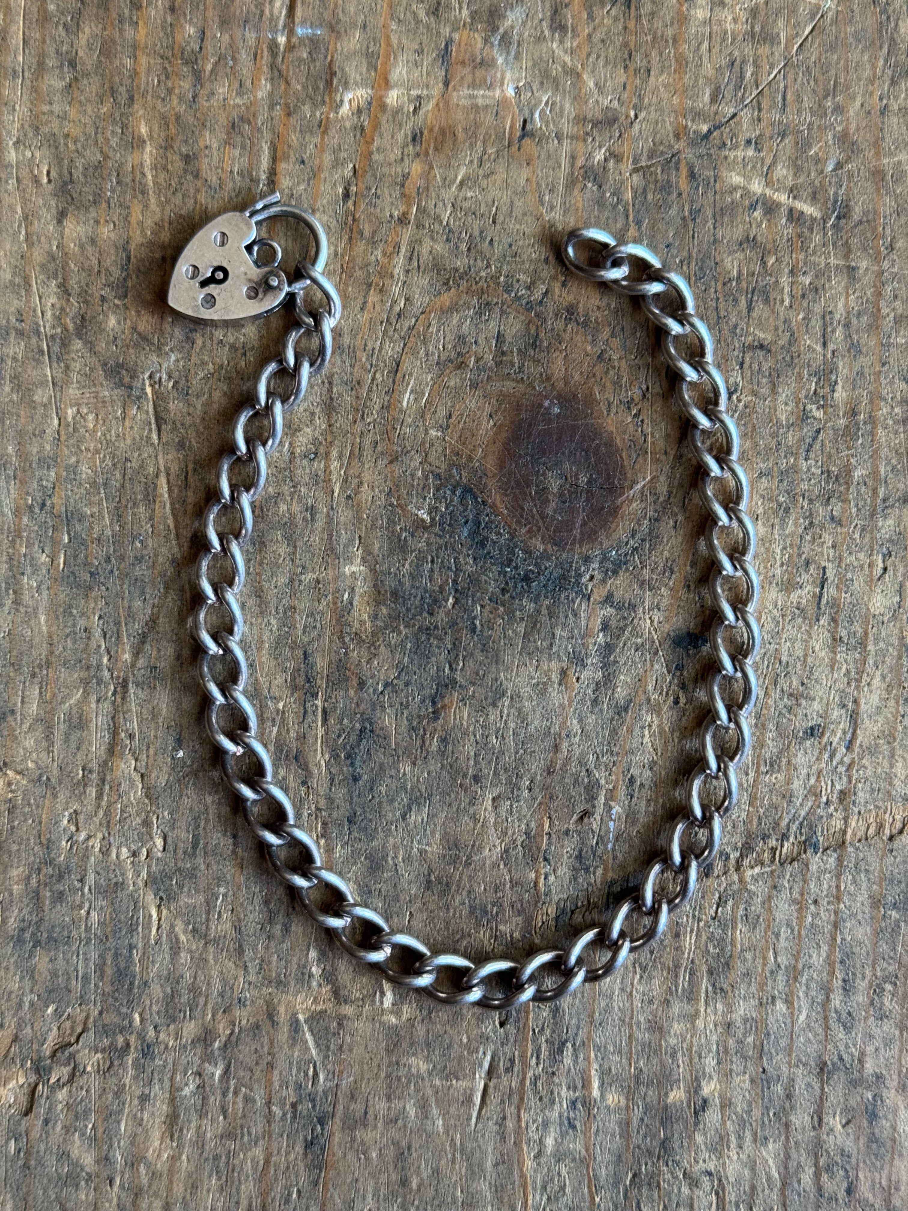 Vintage Sterling Silver Padlock Heart Curb Chain Bracelet 7"