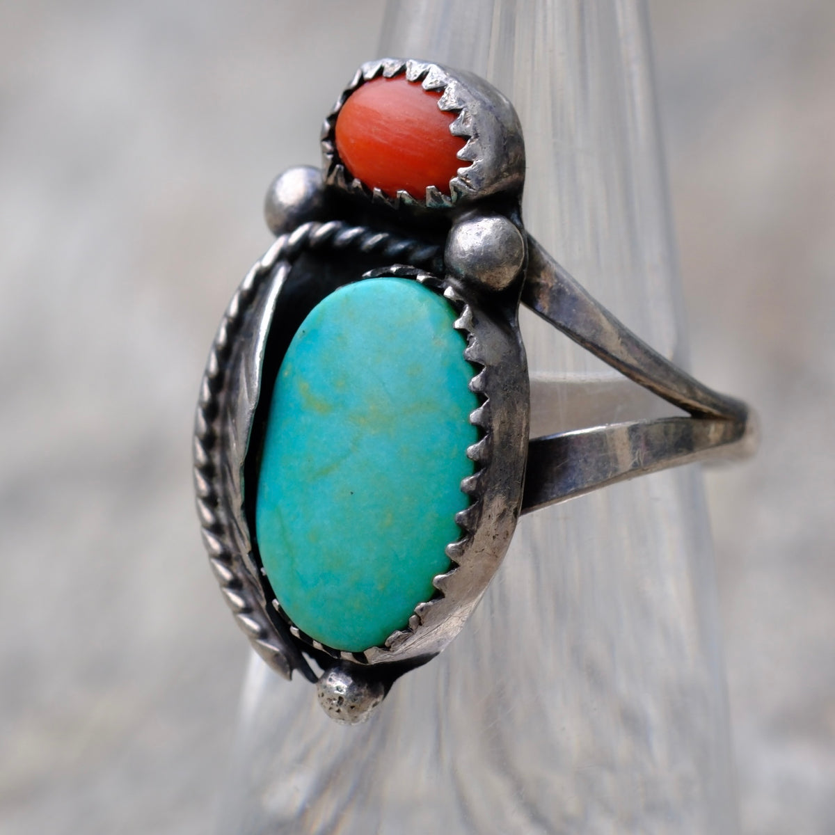 Vintage Sterling Turquoise and Coral Feather Ring 6.75
