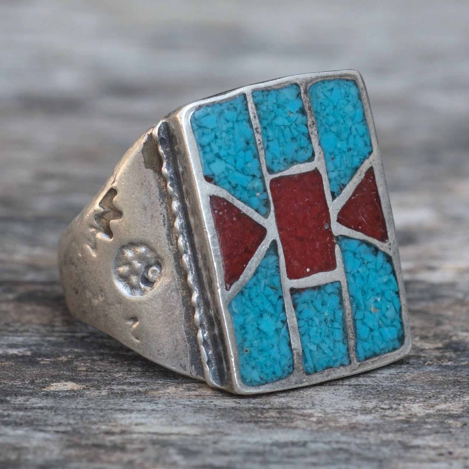 Vintage Sterling Turquoise and Coral Inlay Ring 10