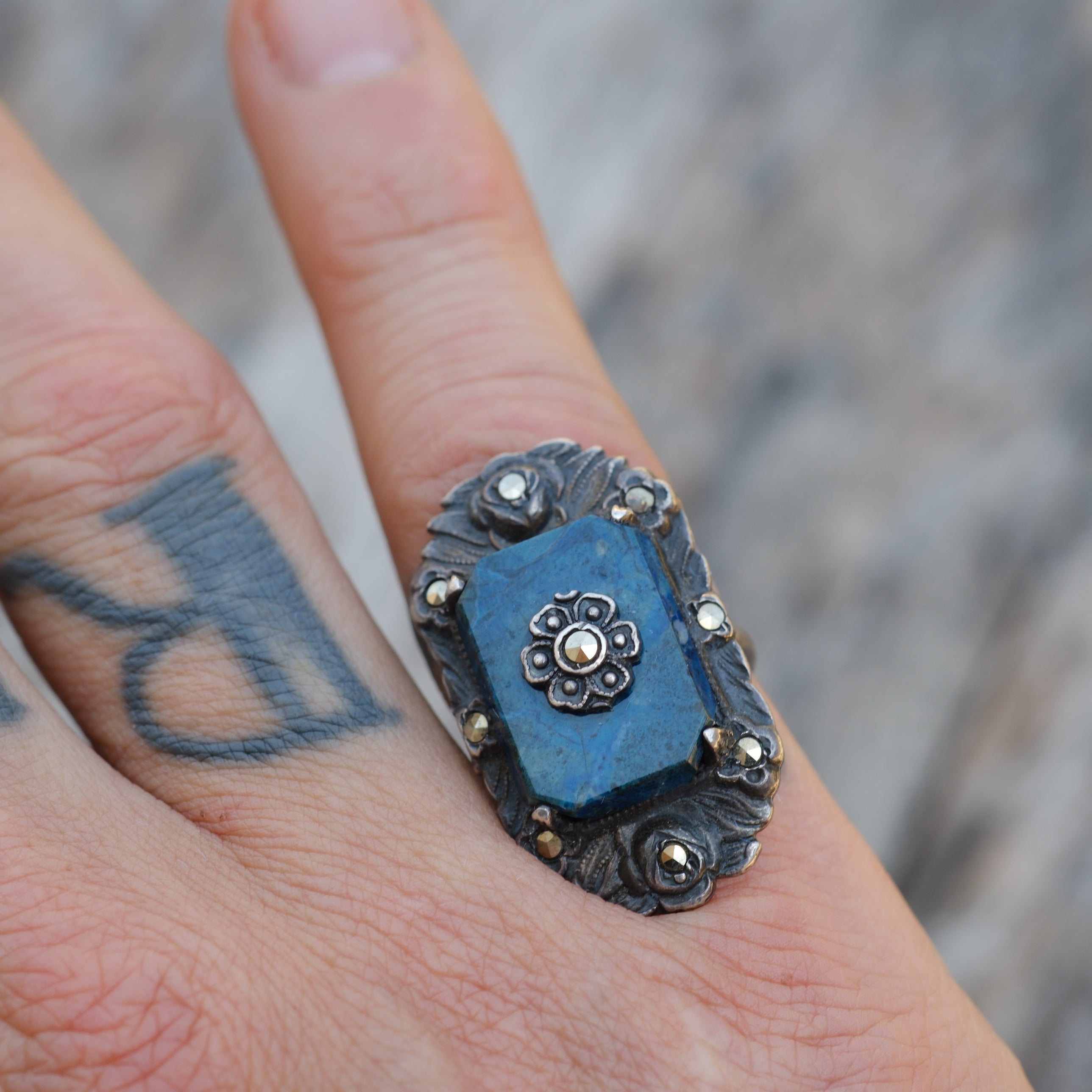 Vintage Sterling Jasper Marcasite Ring 5
