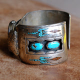 Vintage Sterling Turquoise and Coral Thunderbird Inlay Watch Cuff Bracelet