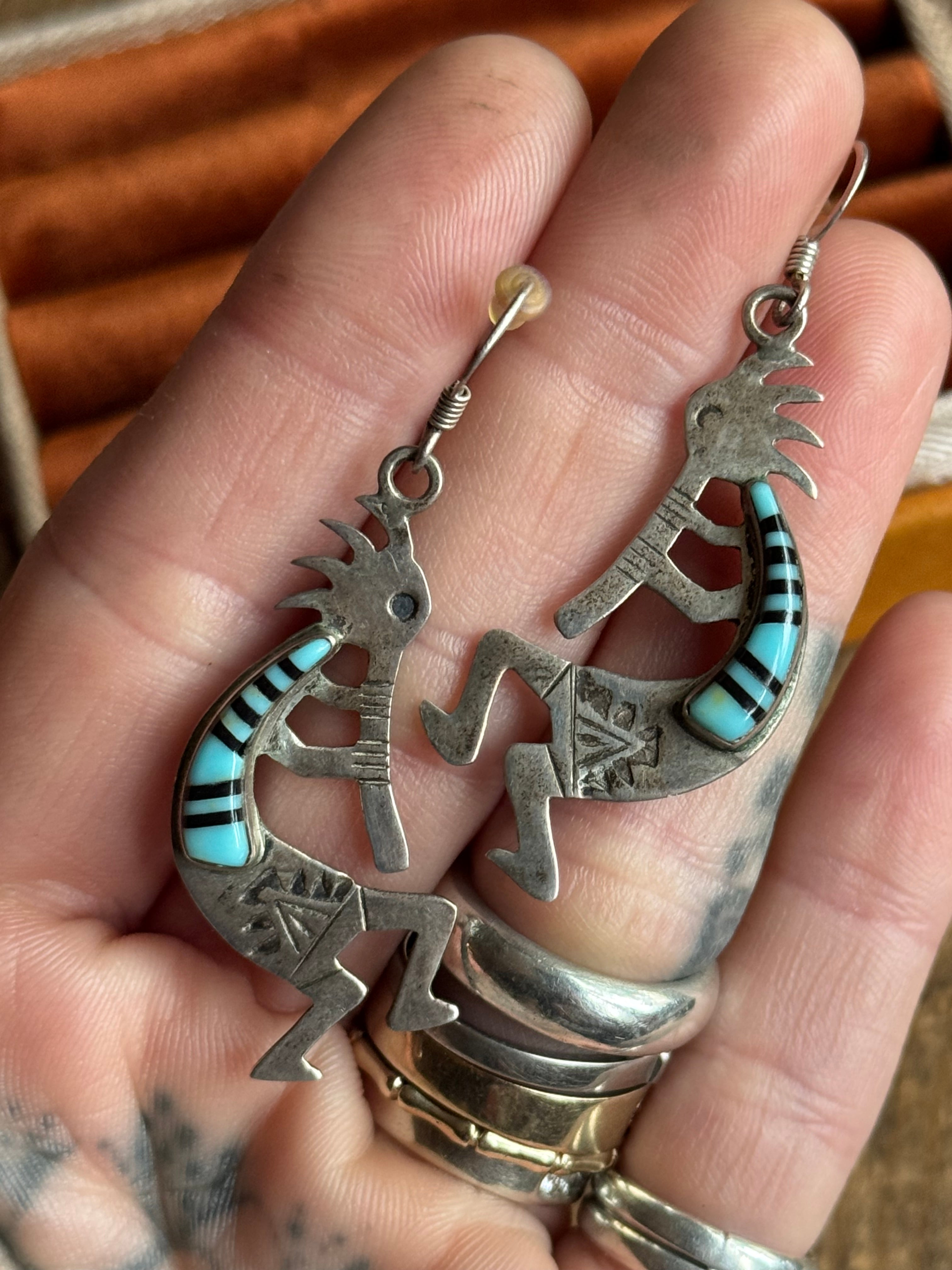 Vintage Sterling Silver Multistone Inlay Kokopelli Earrings