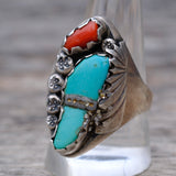 Vintage Sterling Turquoise and Coral Ring 10.25