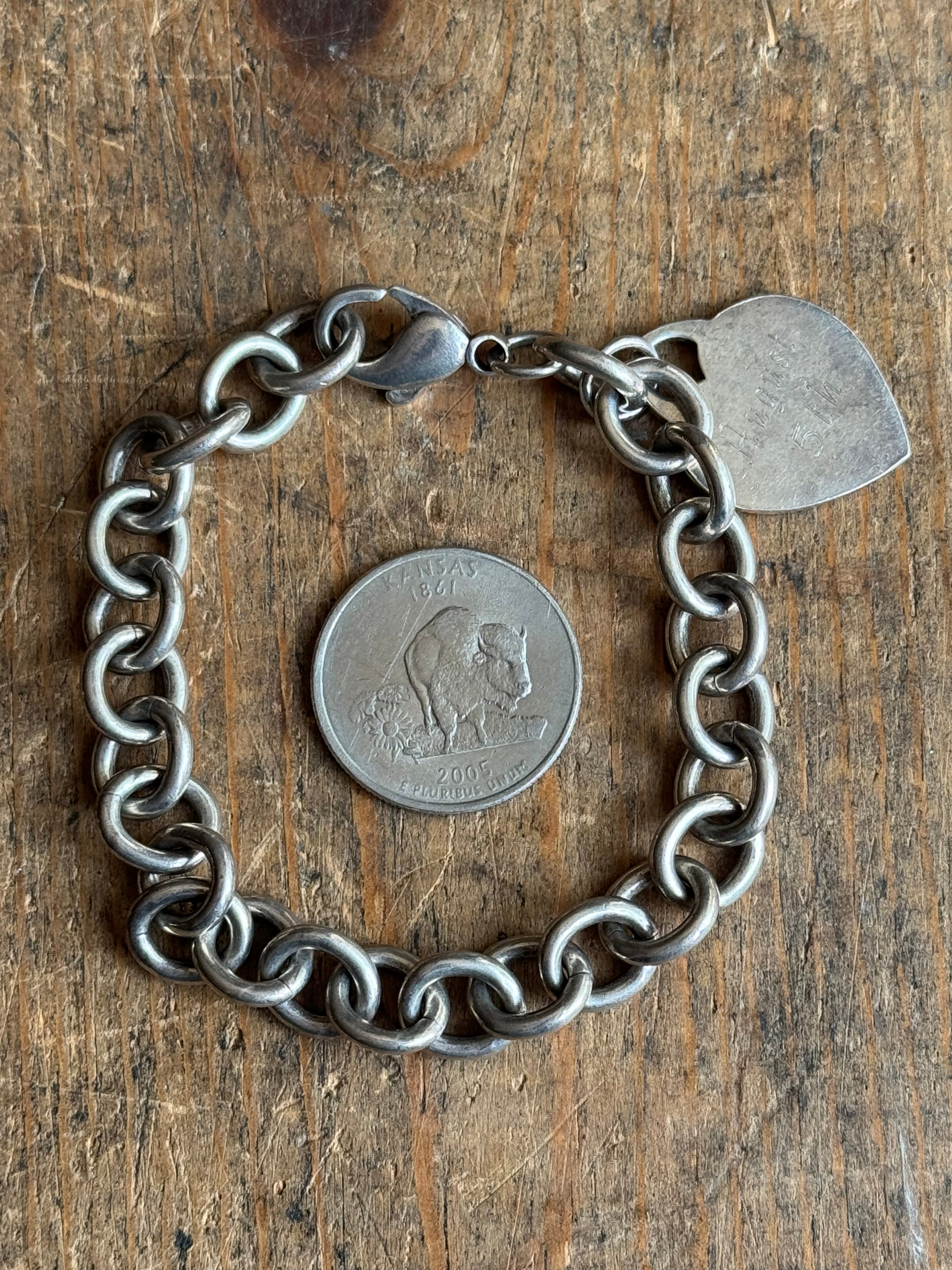 Vintage Sterling Silver 7.5” Heart Tag Cable Chain Bracelet