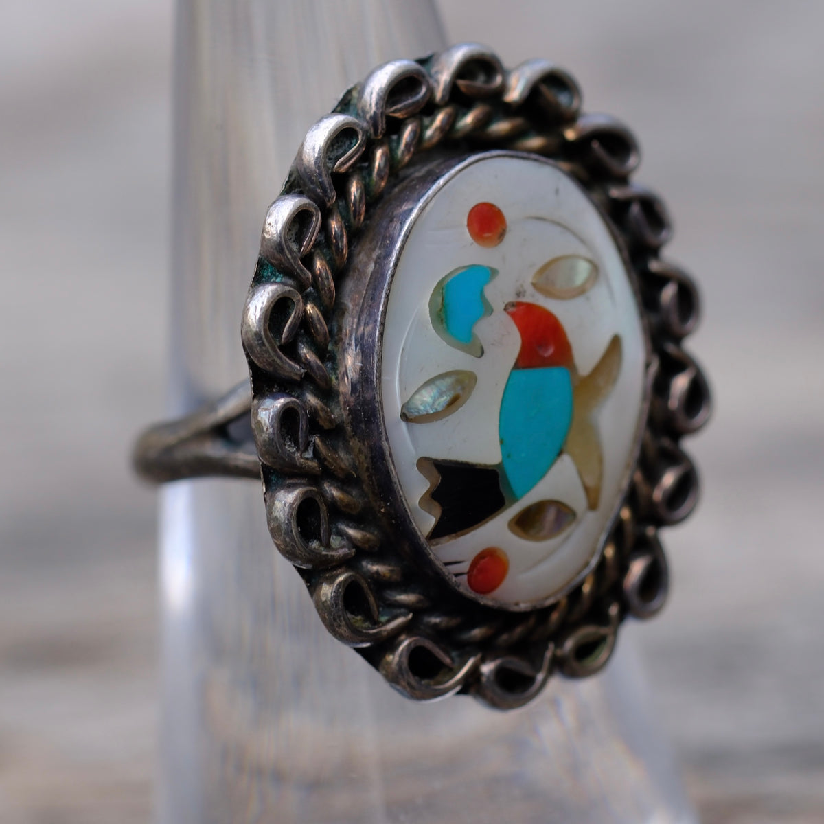 Vintage Sterling Multistone Inlay Bird Ring 6.75