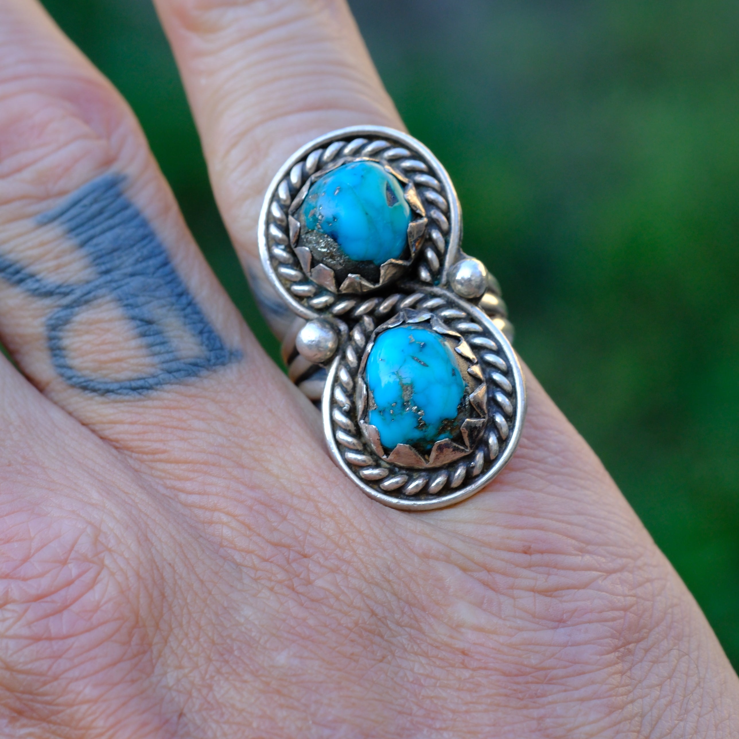 Vintage Sterling 2-Stone Turquoise Ring 5.75