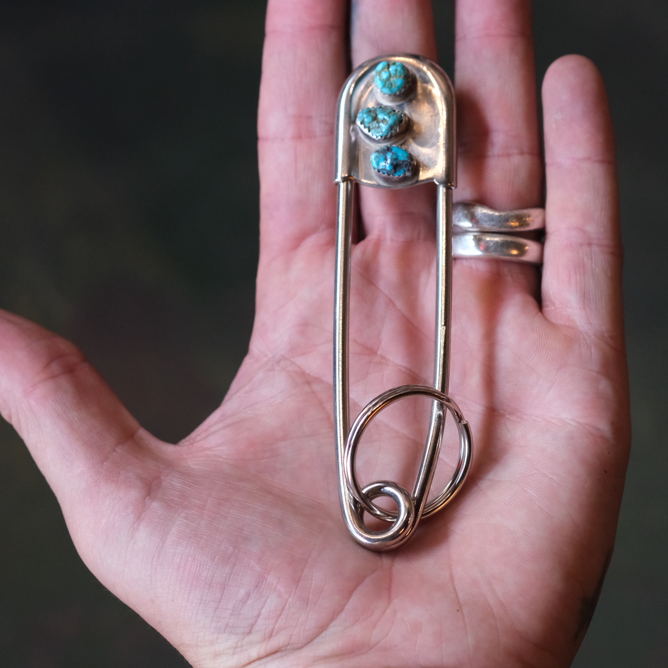Vintage 3-Stone Turquoise Safety Pin Keychain 4"