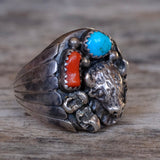 Vintage Sterling Turquoise and Coral Buffalo Ring 10