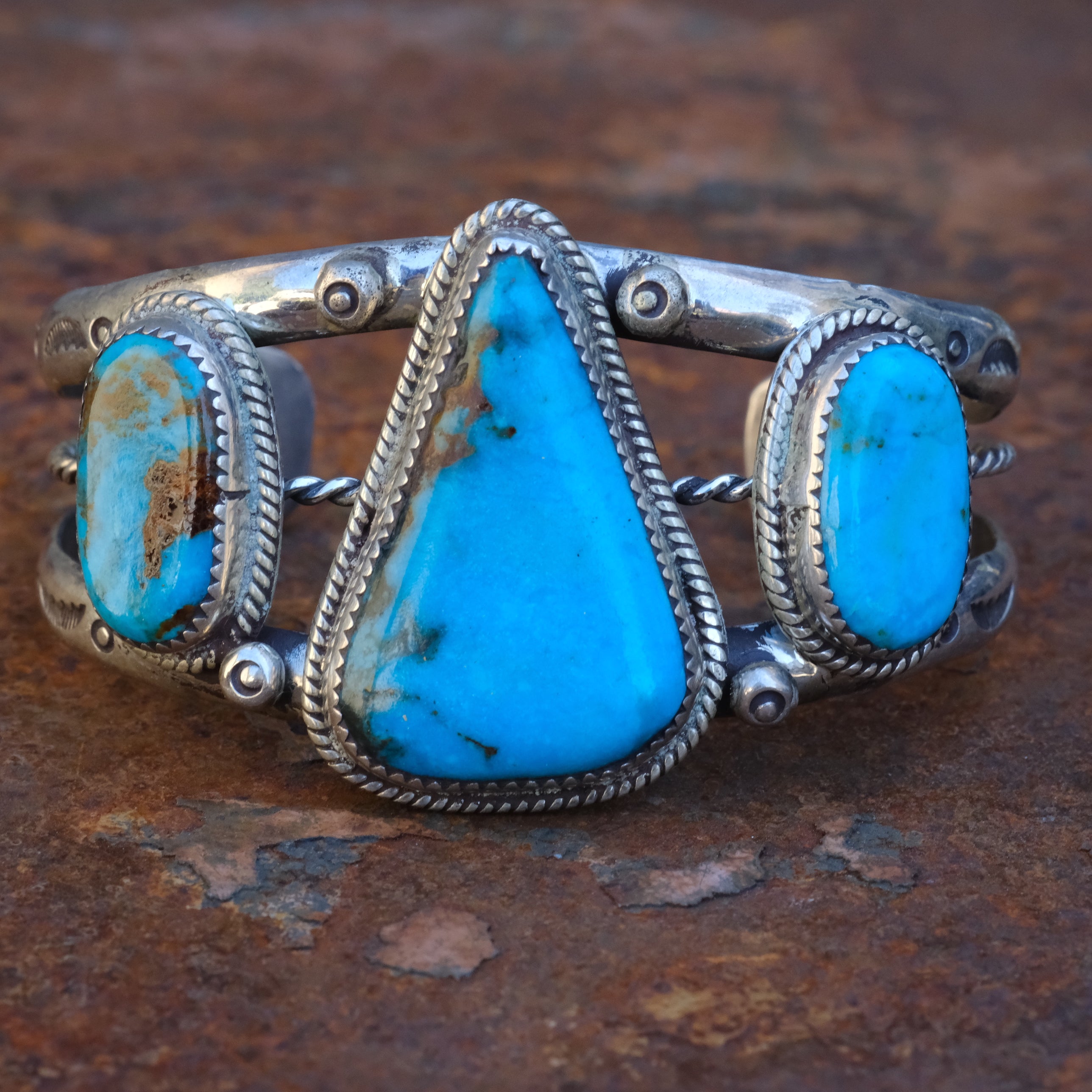 Huge Vintage Sterling 3-Stone Turquoise Cuff Bracelet