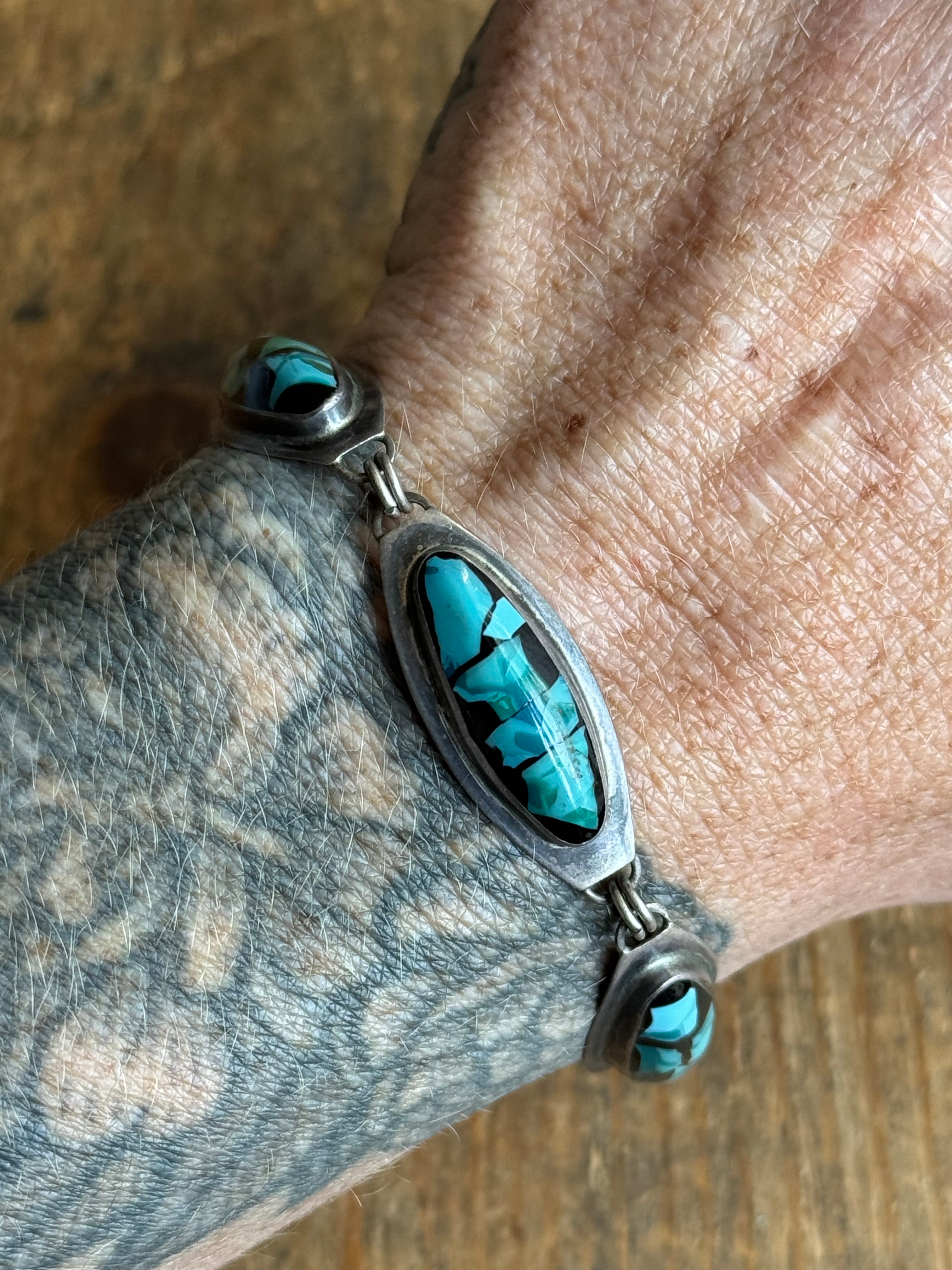 Vintage Sterling Silver 6.75” Turquoise Resin Link Bracelet