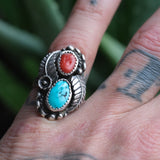 Vintage Sterling Turquoise and Coral Feather Ring 6.5