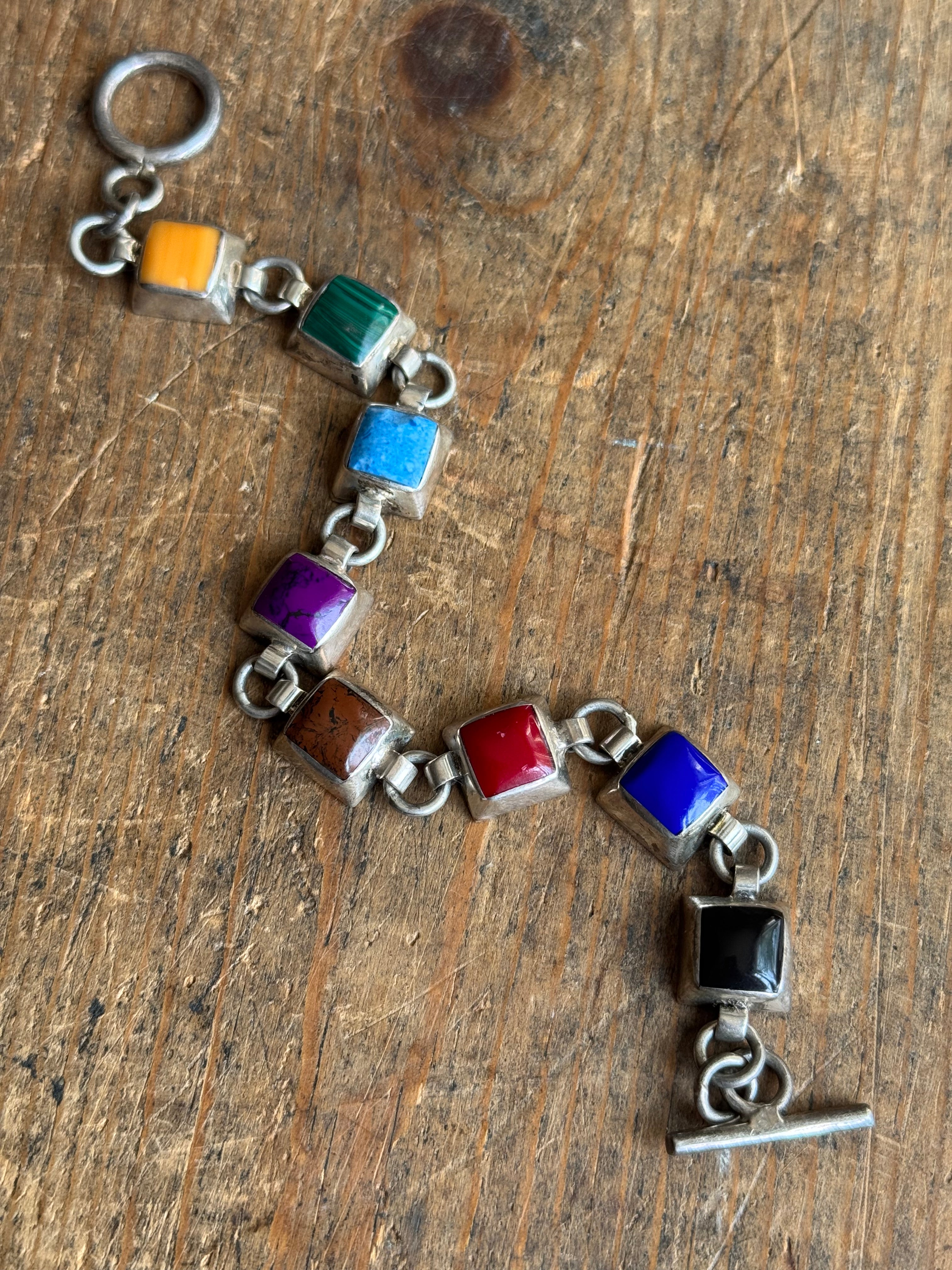 Vintage Sterling Silver 8” Multistone Square Link Toggle Bracelet