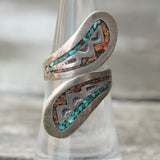 Vintage Sterling Turquoise and Coral Inlay Overpass Ring 5.75