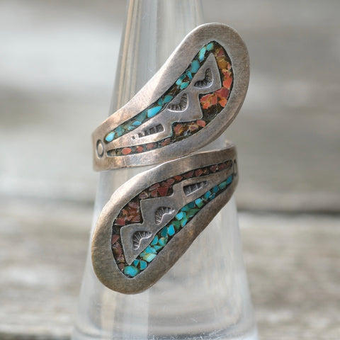 Vintage Sterling Turquoise and Coral Inlay Overpass Ring 5.75