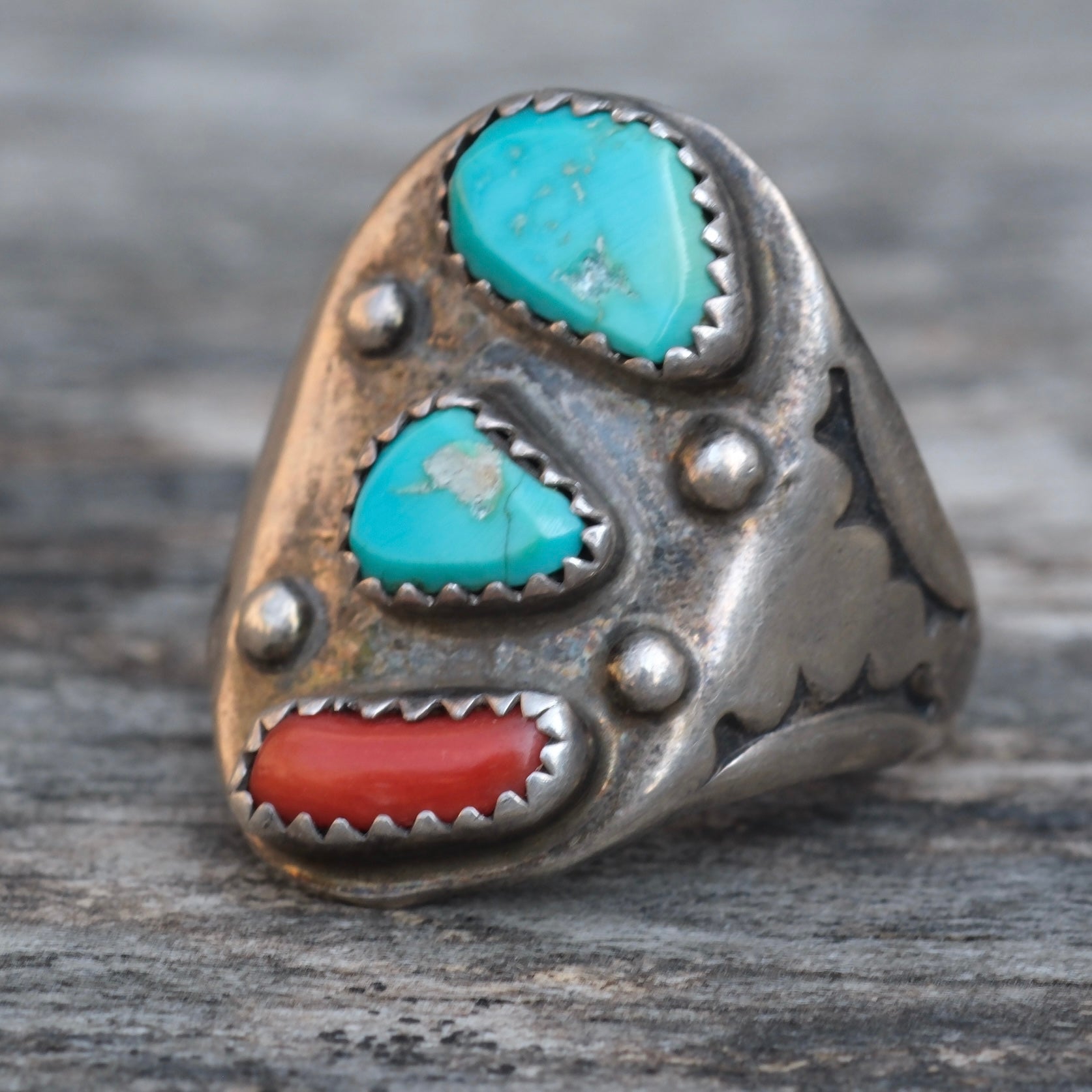 Vintage Sterling Turquoise and Coral Ring 10.25