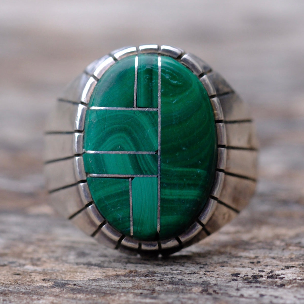 Vintage Sterling Malachite Inlay Ring 8.75