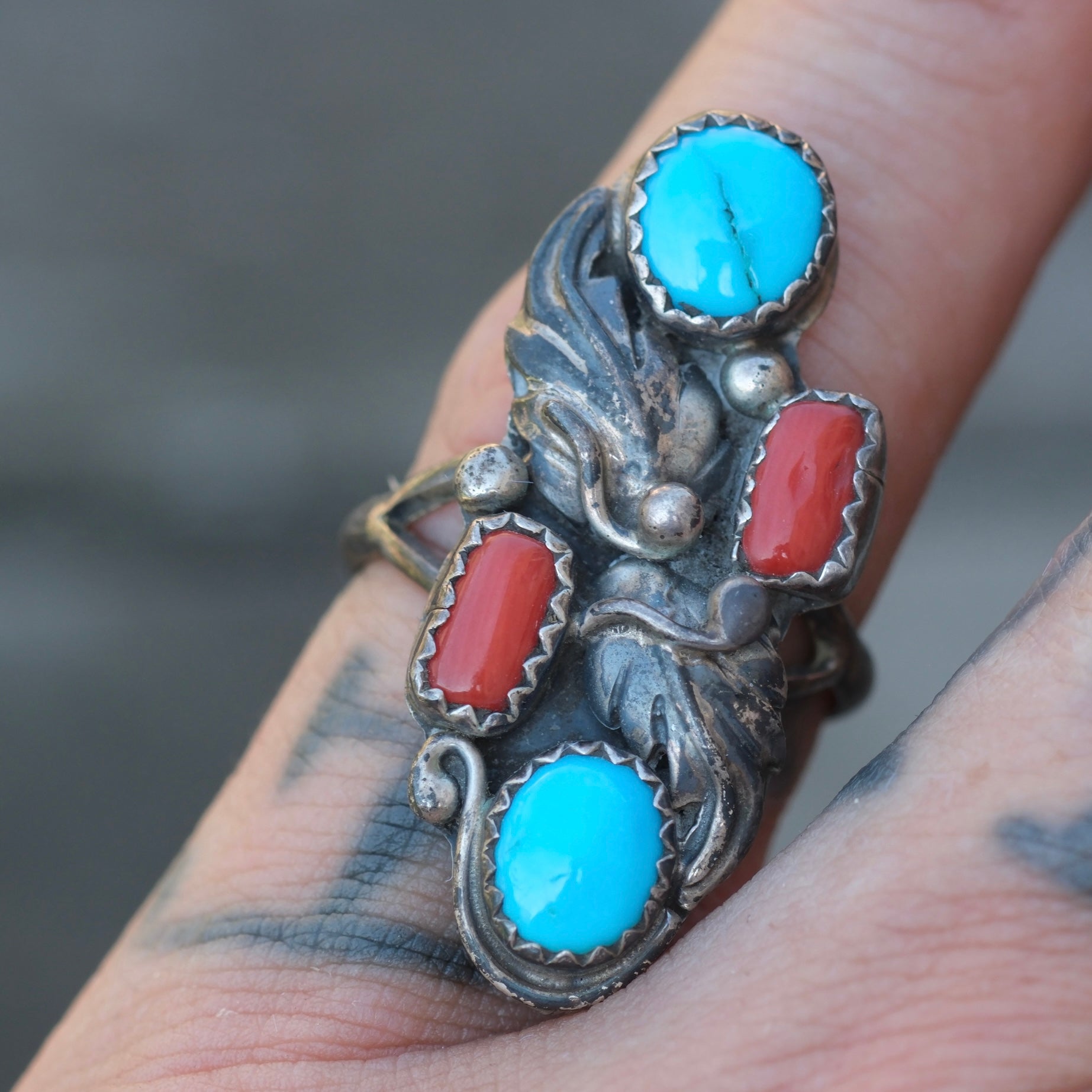 Vintage Sterling Turquoise and Coral Feather Ring 6.75