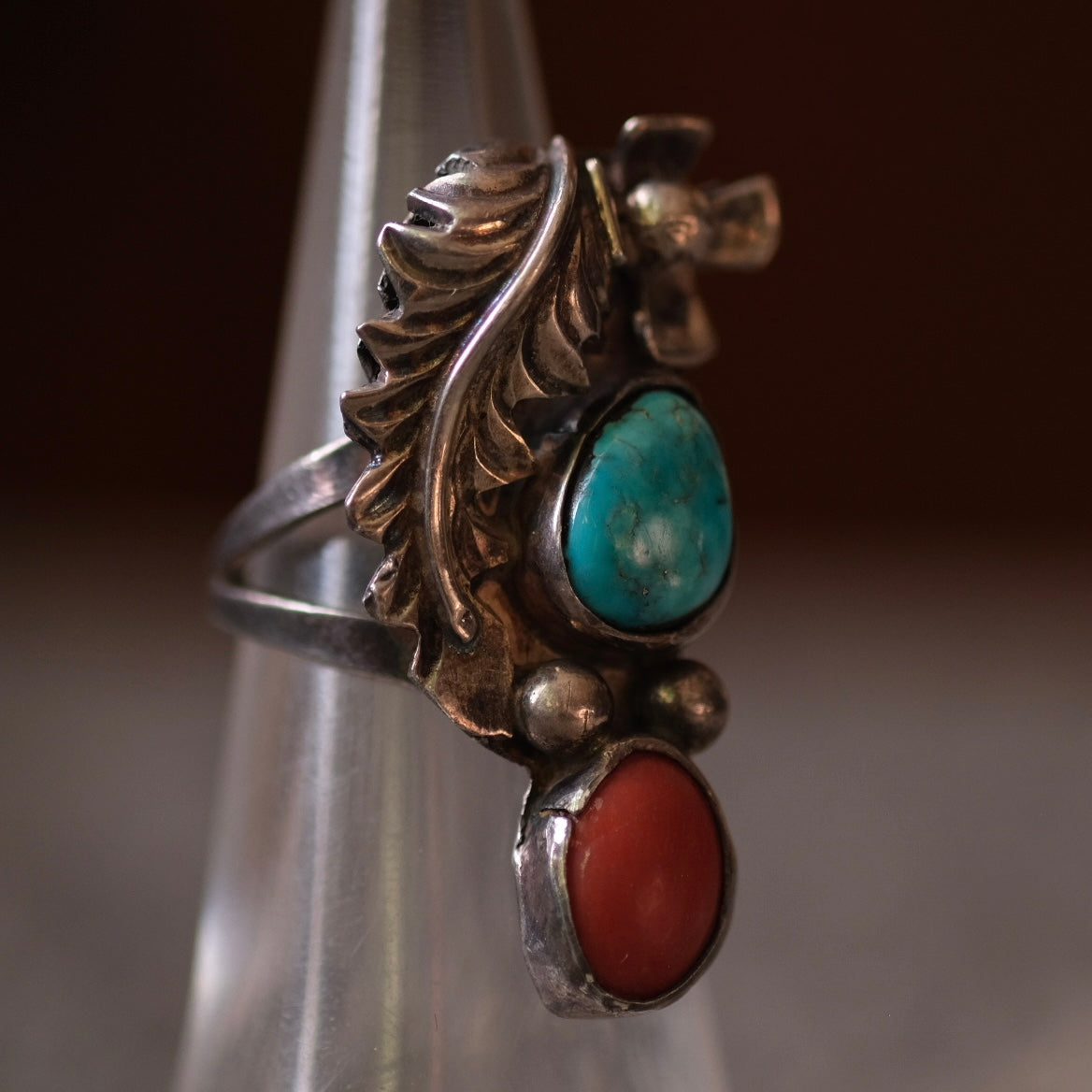 Vintage Sterling Turquoise and Coral Feather Ring 5