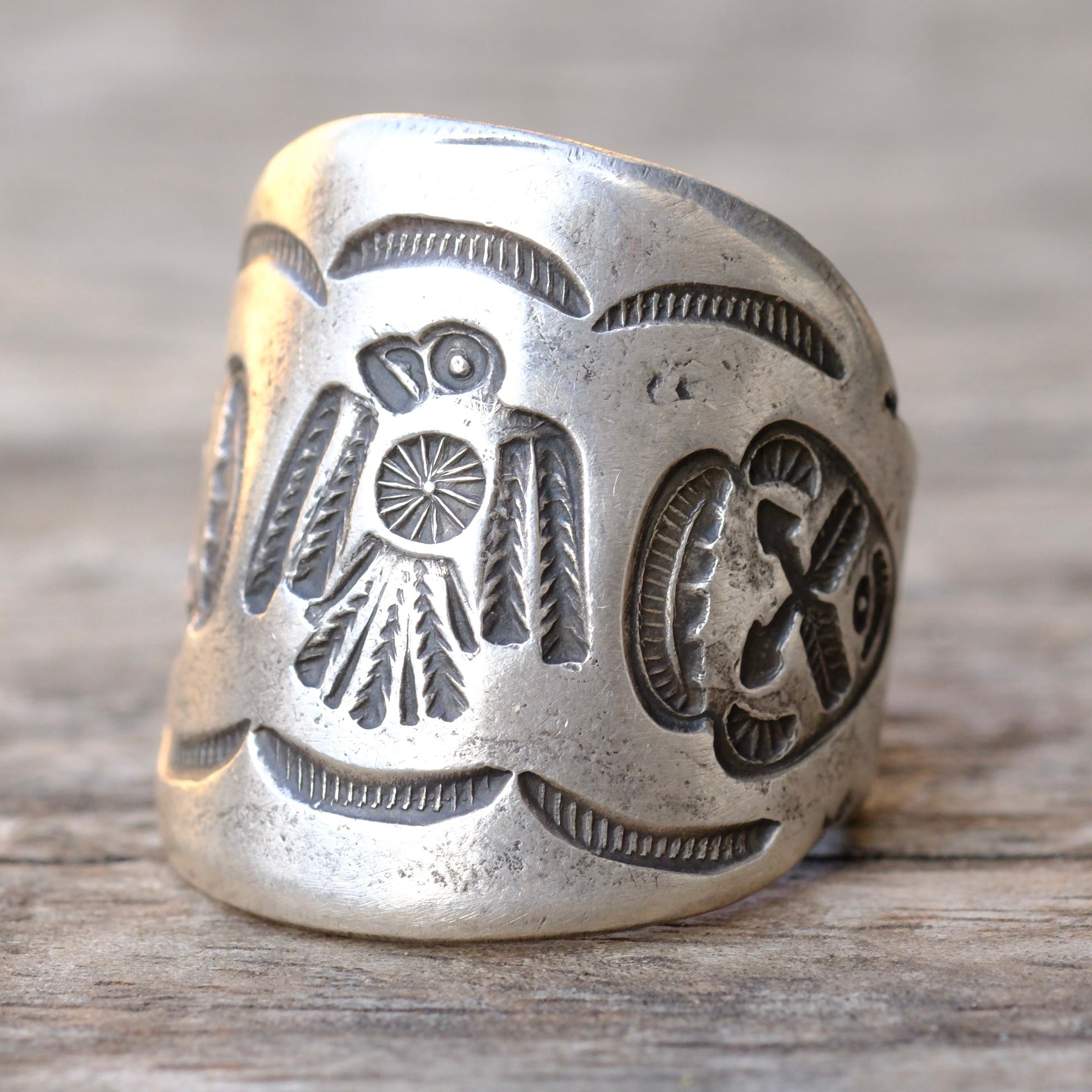 HEAVY Ingot Silver Stamped Thunderbird Cigar Band Ring 10.25