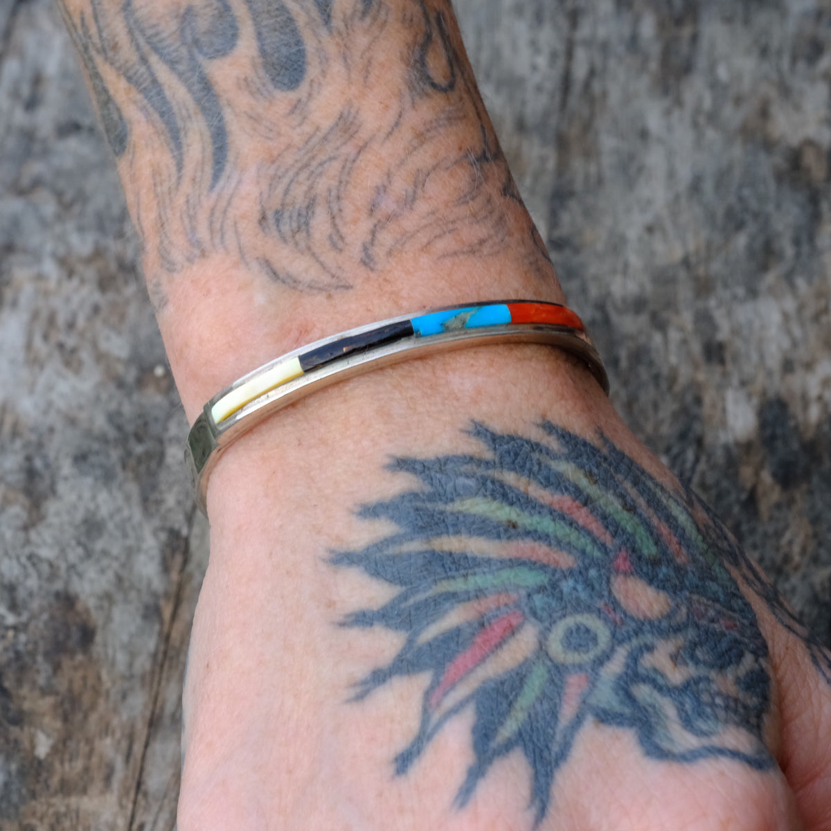 Vintage Sterling Multistone Inlay Cuff Bracelet
