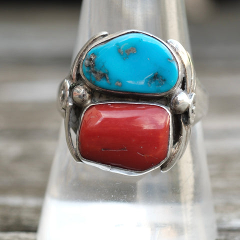 Vintage Sterling Turquoise and Coral Ring 9.25